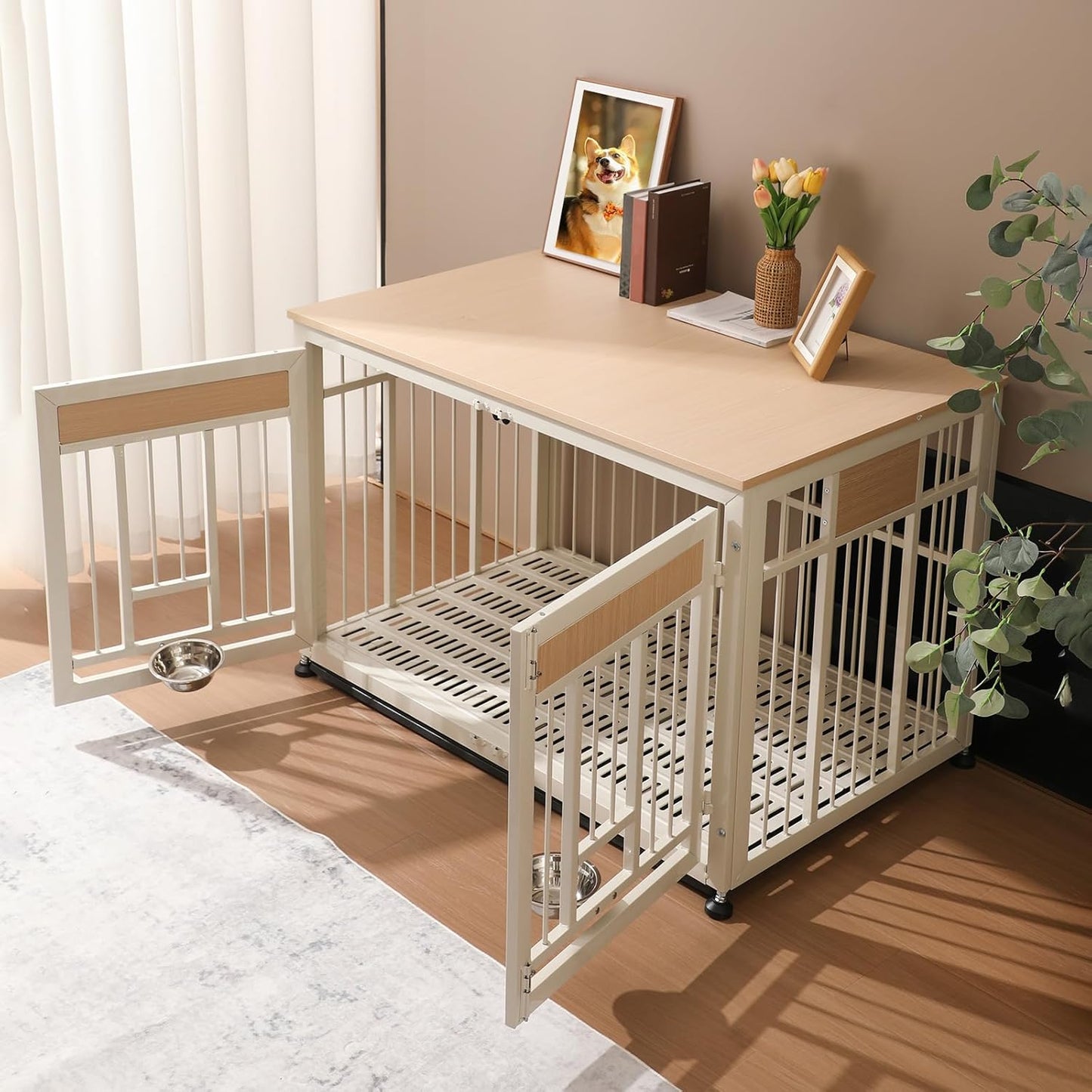 48 Inch Heavy Duty Dog Crate Furniture with Removable Tray & 2 Feeders, Decorative Pet House End Table, Extra Large Wooden Cage Kennel Furniture Indoor, Natural and White