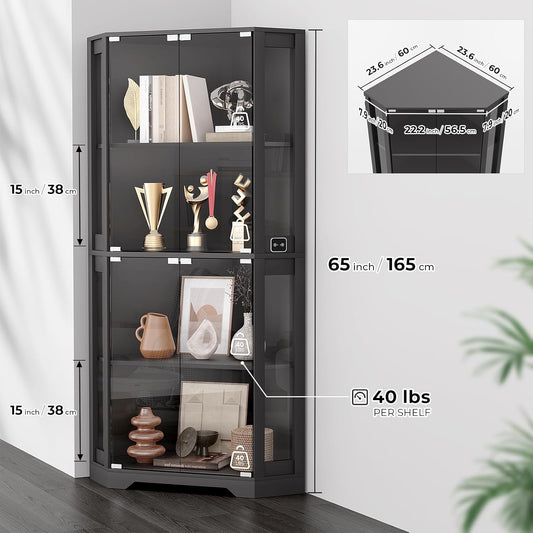 Corner Display Cabinet with Glass Doors, 65" Lighted Curio Cabinet with 3 Color LED Lights for Collectibles, 4-Tier Showcase Display Case with Human Body Sensor for Toys, Books, Black | 3 Color Lights, for Collectibles, 4-Tier, Display Case, Human Body Sensor, for Toys