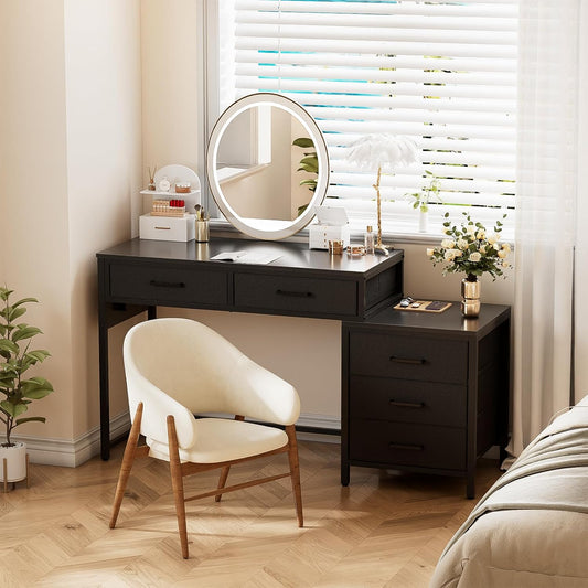 Reversible Computer Desk with 5 Drawers, Sturdy Office Desk with Power Outlets and USB Ports, Corner Writing Table with File Cabinet & Printer Stand, Vanity Desk with Storage, Black