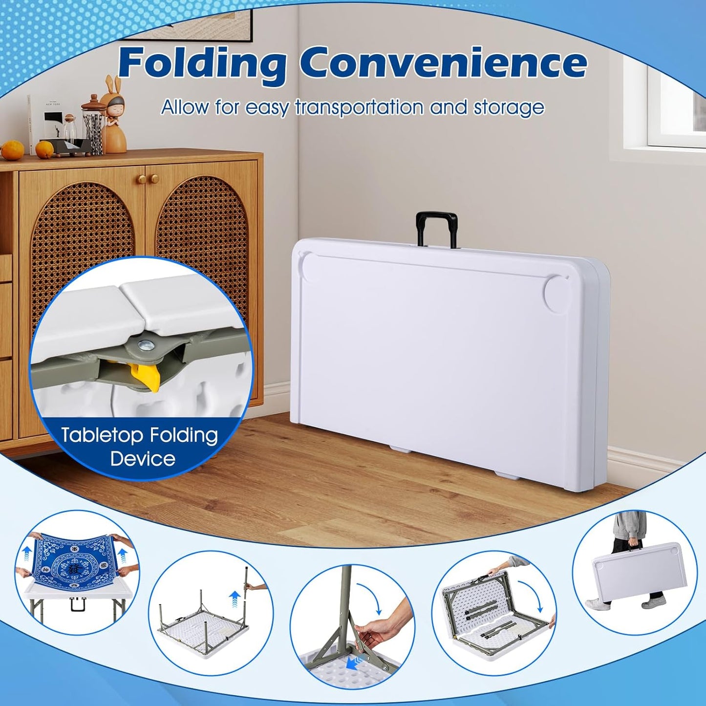 Folding Mahjong Table, 35" Square Card Table with Cup Holders, Removable Noise Reduction Mat, HDPE Tabletop, 4-Player Portable Domino Tables for Poker Blackjack Board Game (Blue)