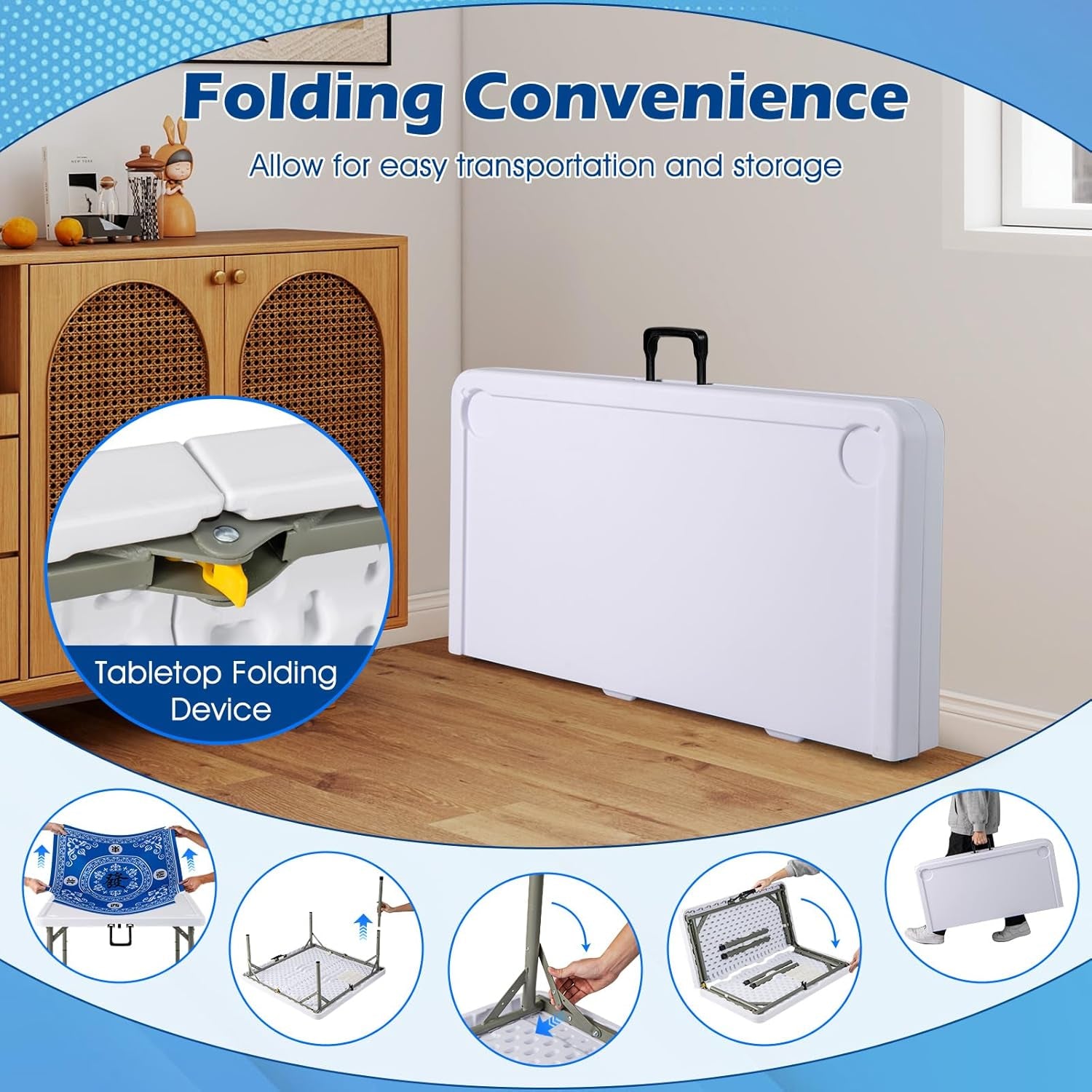 Folding Mahjong Table, 35" Square Card Table with Cup Holders, Removable Noise Reduction Mat, HDPE Tabletop, 4-Player Portable Domino Tables for Poker Blackjack Board Game (Blue)