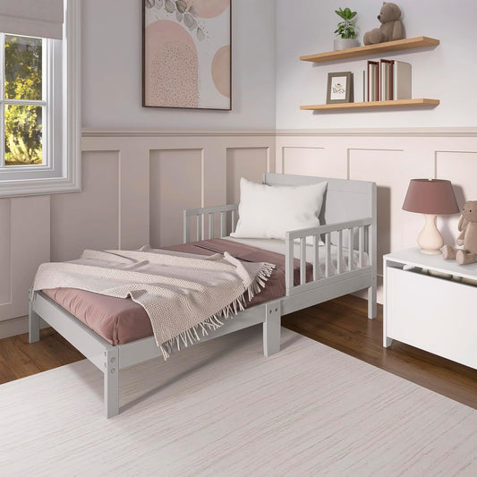 Brookside Wooden Toddler Bed in Pebble Grey, Greenguard Gold & JPMA Certified, Kids Bed with Safety Rails, Low-To-Floor Design, Non-Toxic Pinewood Finish