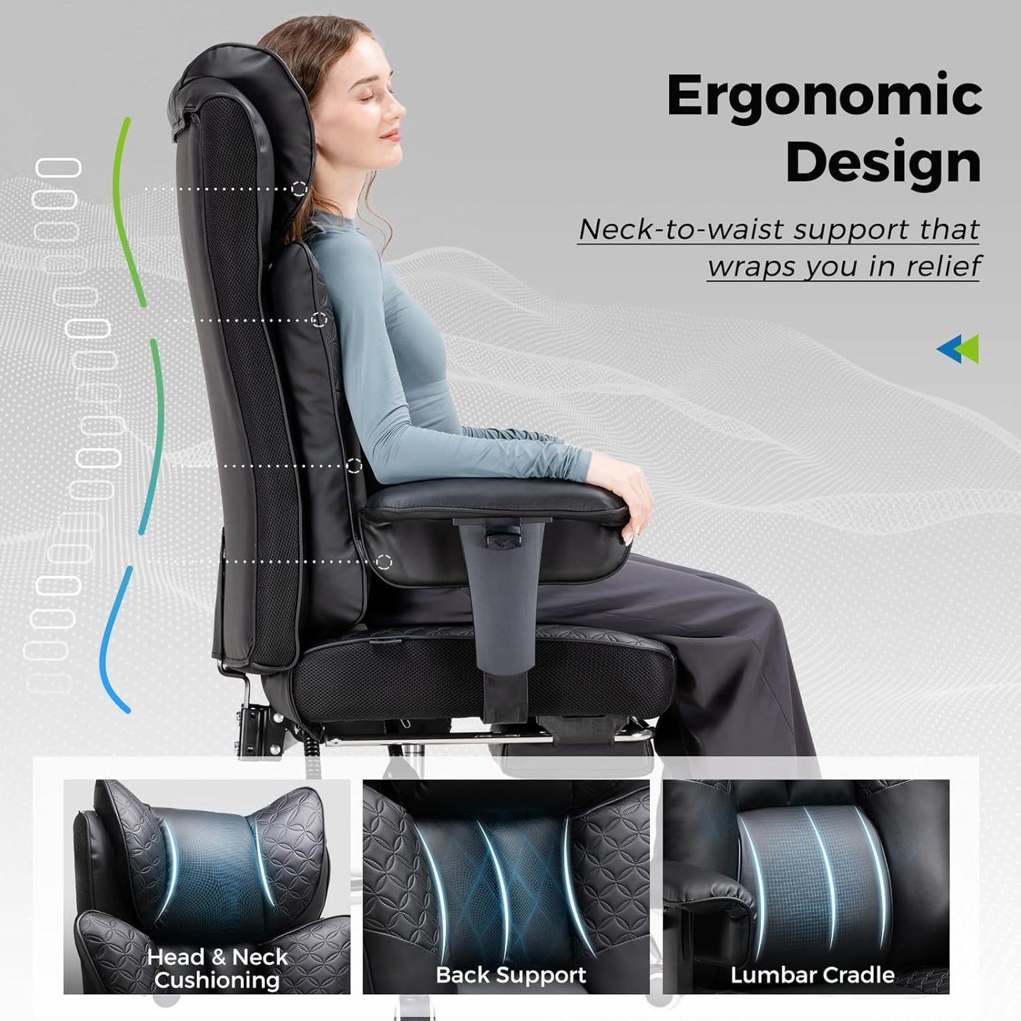 Big and Tall Office Chair 400LBS Wide Ergonomic Gaming Chair with Deluxe Embossing Designed Leather with Foot Rest,150°Reclining Adjustable Soft Armrests Pocket Spring Back Support and Pillow