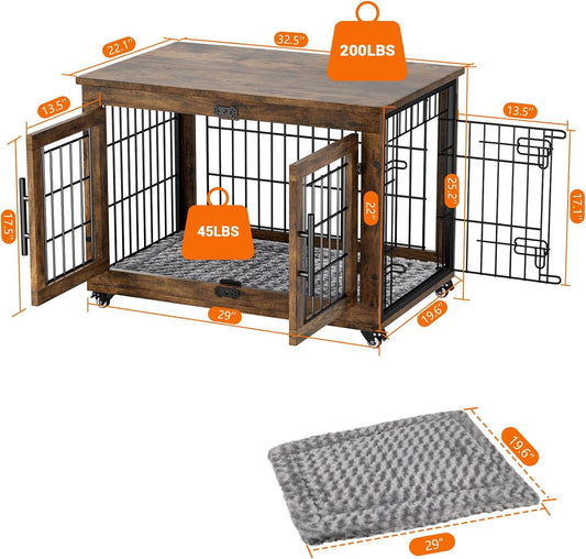 Dog Crate Furniture with Cushion, Wooden Dog Kennel Indoor with Double Doors, Dog Cage with Wheels, Dog House Side End Table for Small Medium Dogs up to 45 Lb, 32.5” L, Rustic Brown