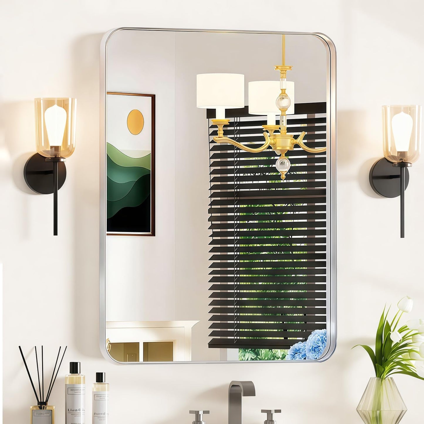 24×32 Silver Bathroom Mirror for over Sink - Rectangular Bathroom Mirrors with Tempered Glass & Aluminum Frame, for Restroom Vanity, Entryway, Bedroom, Horizontal/Vertical, Rounded Corners