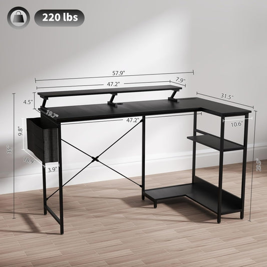 Reversible L Shaped Computer Desk with Built-In Charging Station and RGB LED Light, Home and Office Corner Desk with Ergonomic Monitor Stand