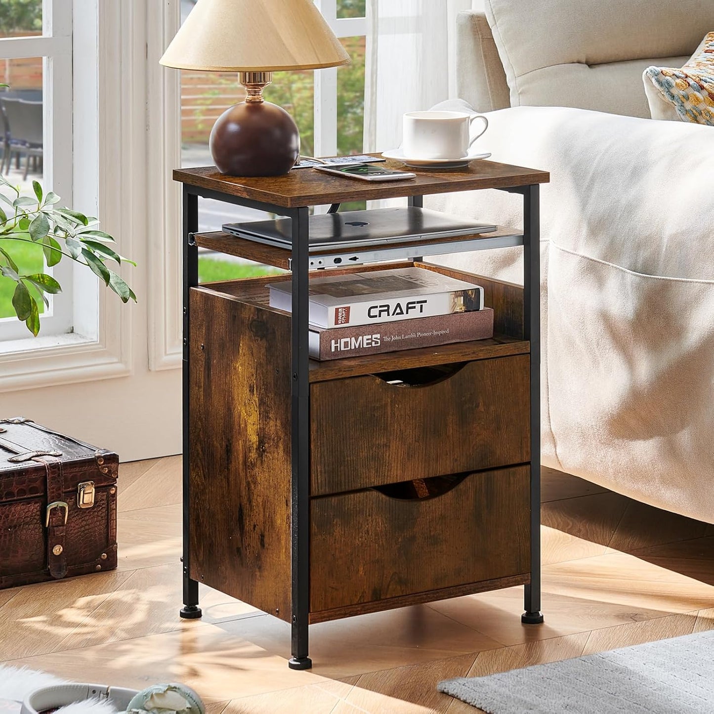 End Table with Charging Station, Narrow Side Table with 2 Drawers, Nightstand with 7 Color LED Light, Slim Bedside Table for Bedroom, Living Room, Small Spaces, Brown