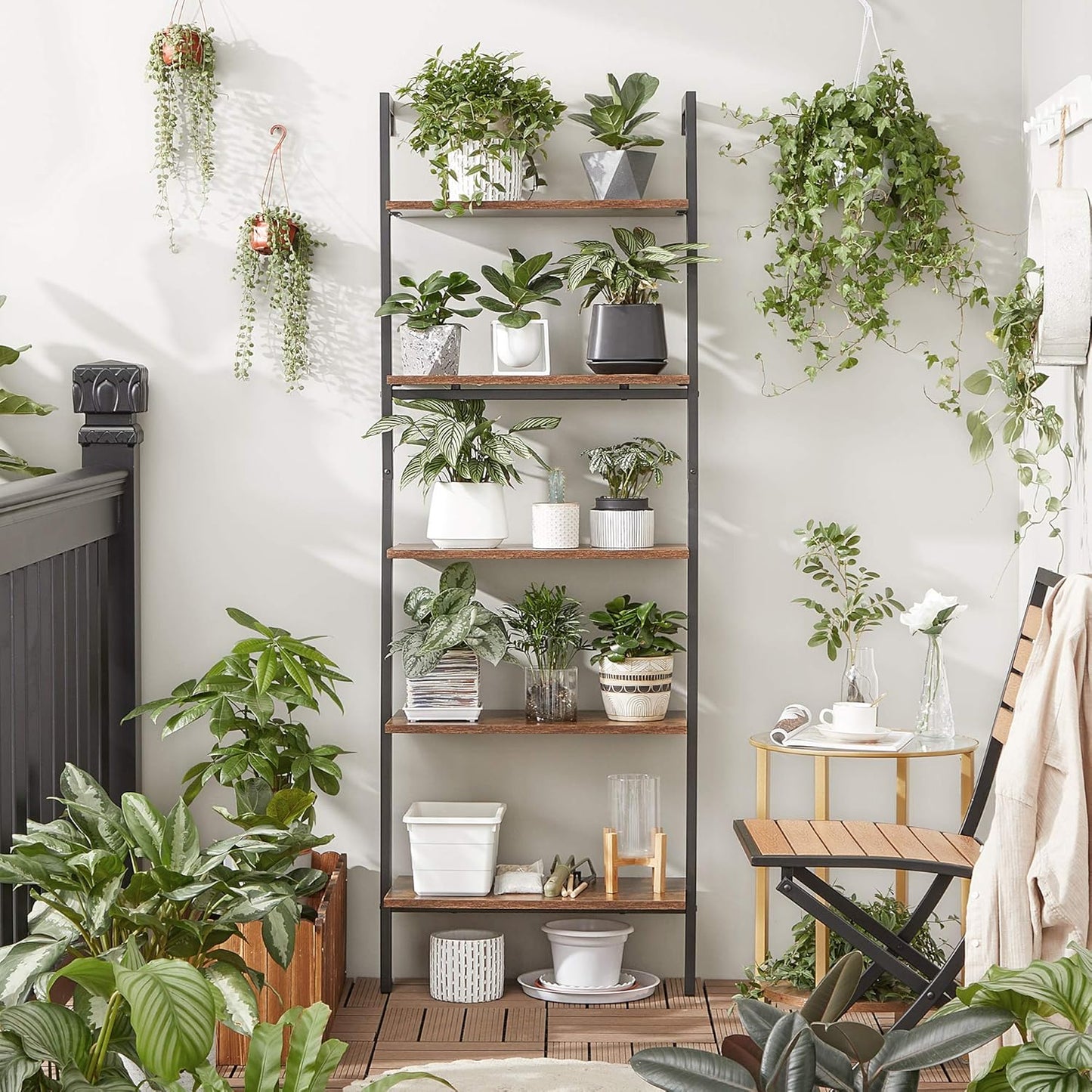 Industrial Ladder Shelf, 5-Tier Bookshelf, Wood Wall Mounted Shelf, Storage Rack Display Shelves for Living Room, Home Office, 23.6 X 11.8 X 67.7 Inches, Rustic Brown and Black ULLS102B01