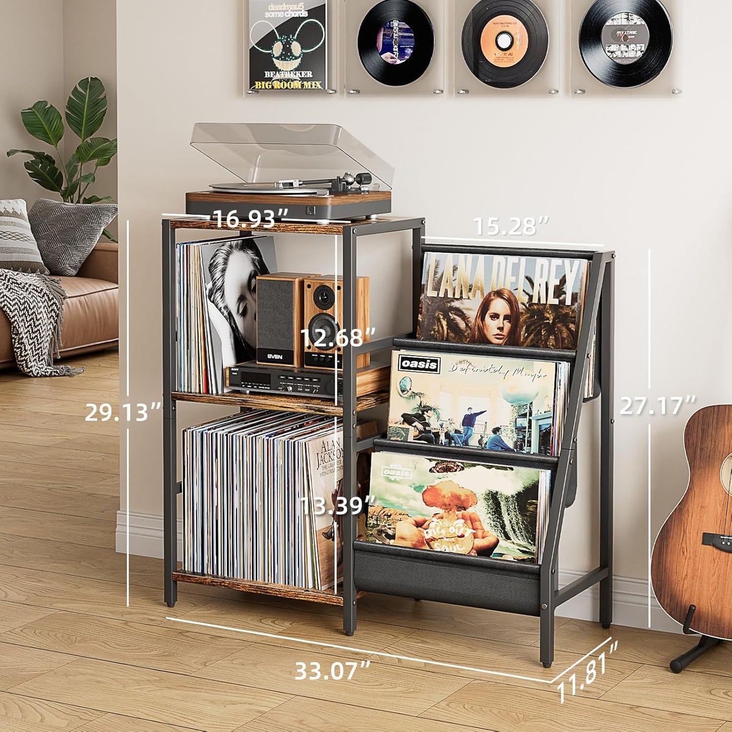 Record player stand with 3-tier vinyl storage and display shelf, view 7