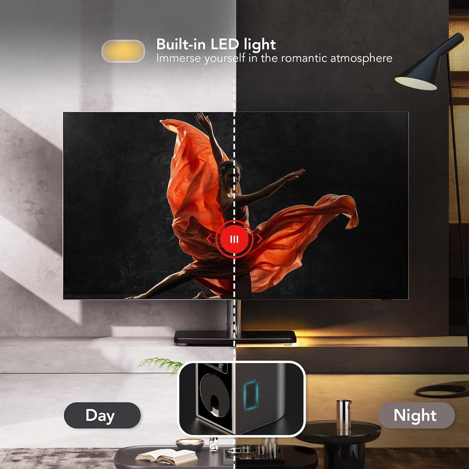 Universal TV Stand Tabletop TV Mount with Power Outlet for 50-90 Inch OLED LED Monitors, 9 Levels Height Adjustment, Ambient Lighting on the Bottom Holds up to 150Lbs, Black 600X400Mm