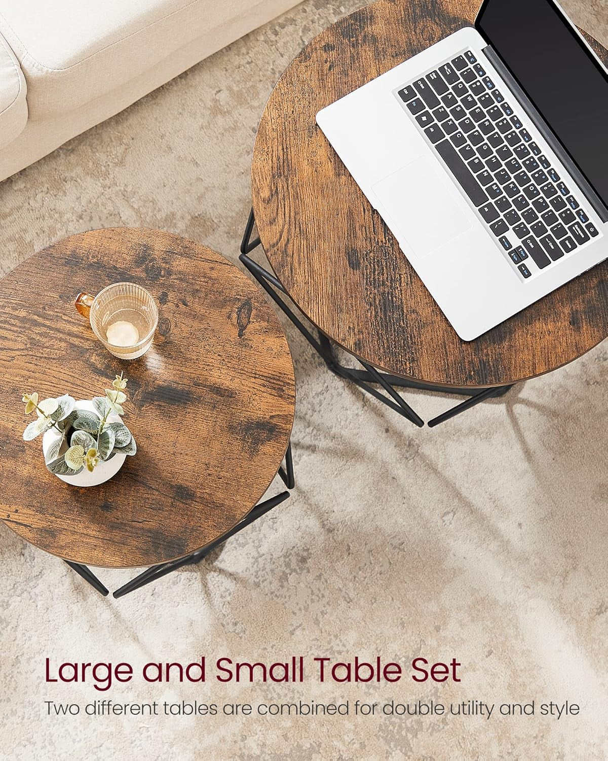Small Coffee Table Set of 2, round Coffee Table with Steel Frame, Side End Table for Living Room, Bedroom, Office, Rustic Brown and Ink Black