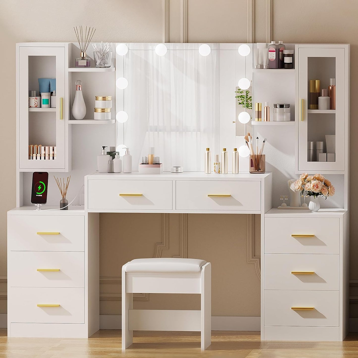 59.1" Large Vanity Desk with Mirror & Lights White Makeup Vanity Set with Power Outlet and 8 Drawers 3 Lighting Modes Adjustable Dressing Table for Girl Women Bedroom Dressing Room UBDT67W