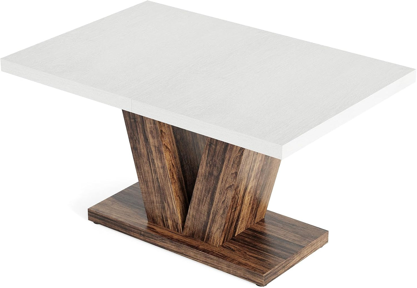 47 Inches Dining Table for 4, Modern Dining Room Tables, White Rectangle Kitchen Table with Rustic Brown V-Shaped Pedestal, Wooden Dinner Table for Dining Room, Kitchen, Living Room