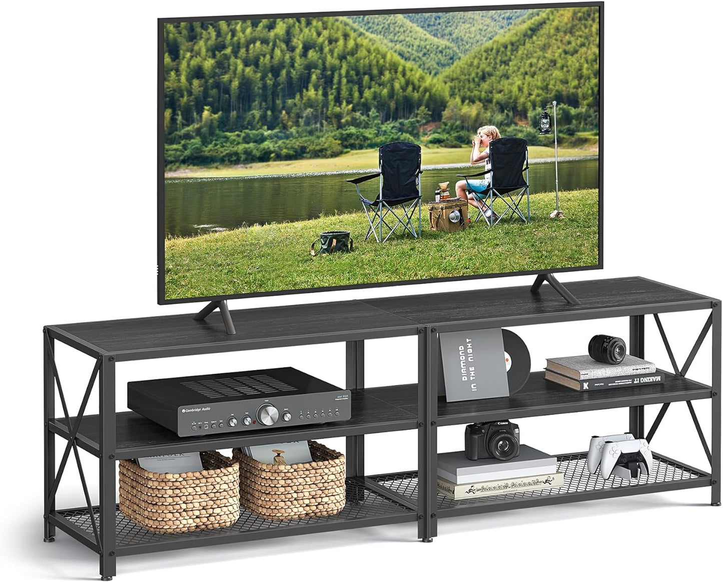 TV Stand, TV Console for Tvs up to 70 Inches, TV Table, 63 Inches Width, TV Cabinet with Storage Shelves, Steel Frame, for Living Room, Bedroom, Black with Wood Grain ULTV095B22