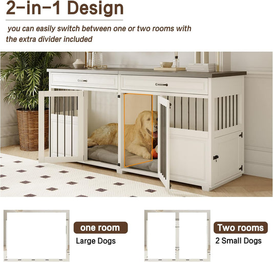 Dog Crate Furniture - Indoor Wood Dog Kennel Furniture 4 Doors with Divider and 2 Drawers - 72" L X 23.6" W X 34.8" H, White