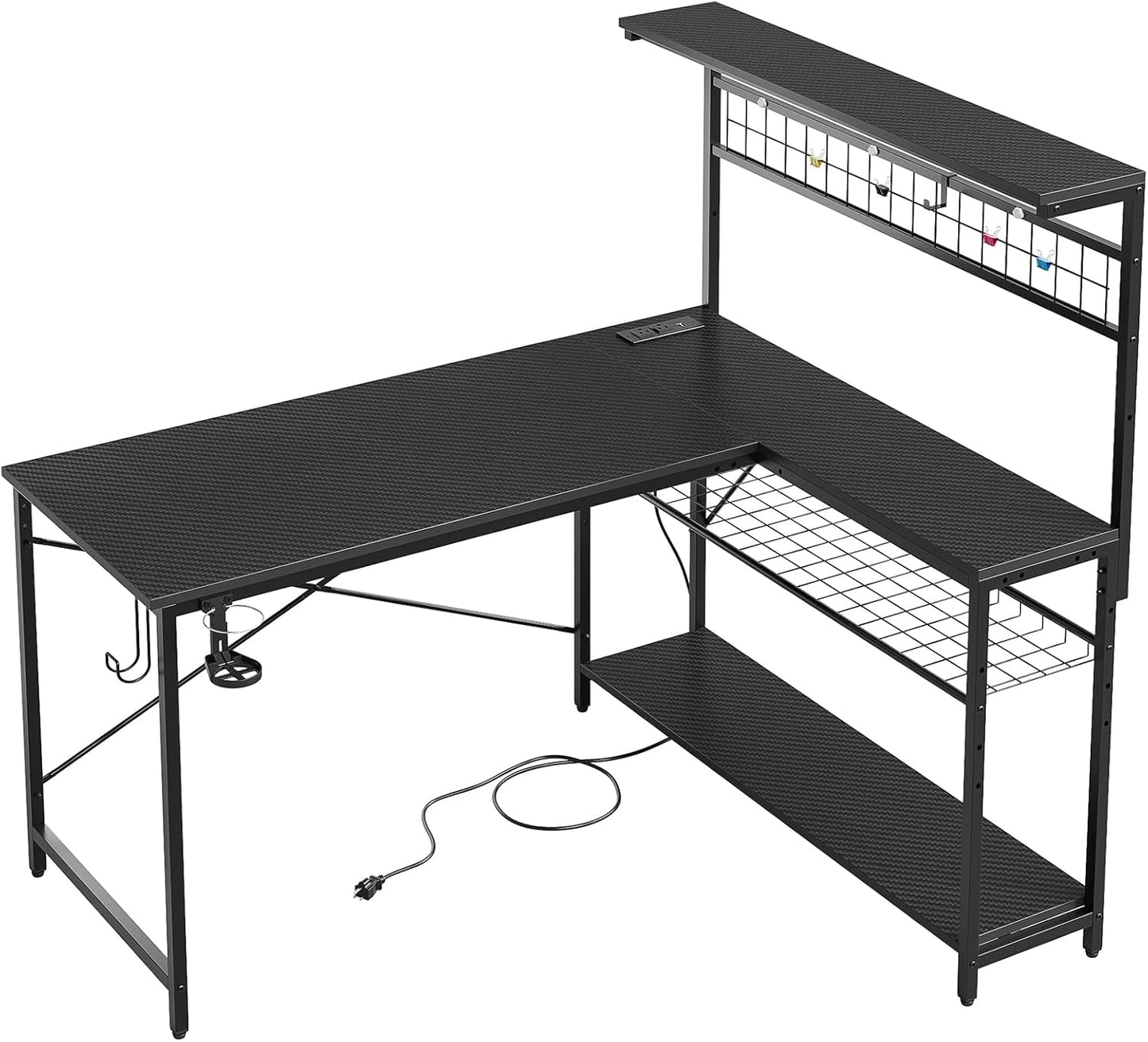 Gaming Desk 51" L-Shaped, with Power Outlets & LED Lights- 4 Tier Shelves, Reversible Gamer Table with Hooks & Cup Holder for Home Office Carbon Fiber Black