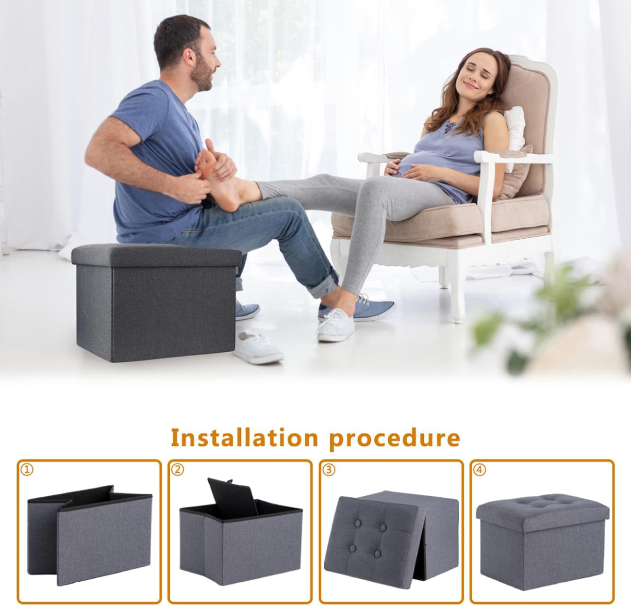 Storage Ottoman Footrest Stool Small Ottoman with Storage Foldable Ottomans Foot Rest Footstool Bench for Living Room 17X13X13Inches Grey