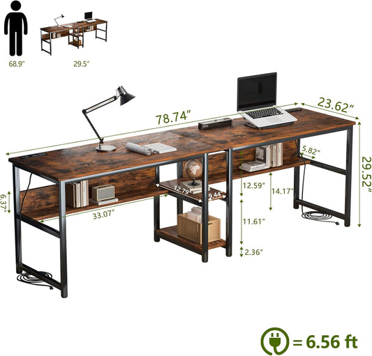 78.74" Two Person Desk with 2 Power Strips, Double Desk with Shelves, Long Computer Desk for Two People, Wood Writing Desk Workstation for Home Office, 23.62"D X 78.74"W X 29.52"H, Rustic Brown