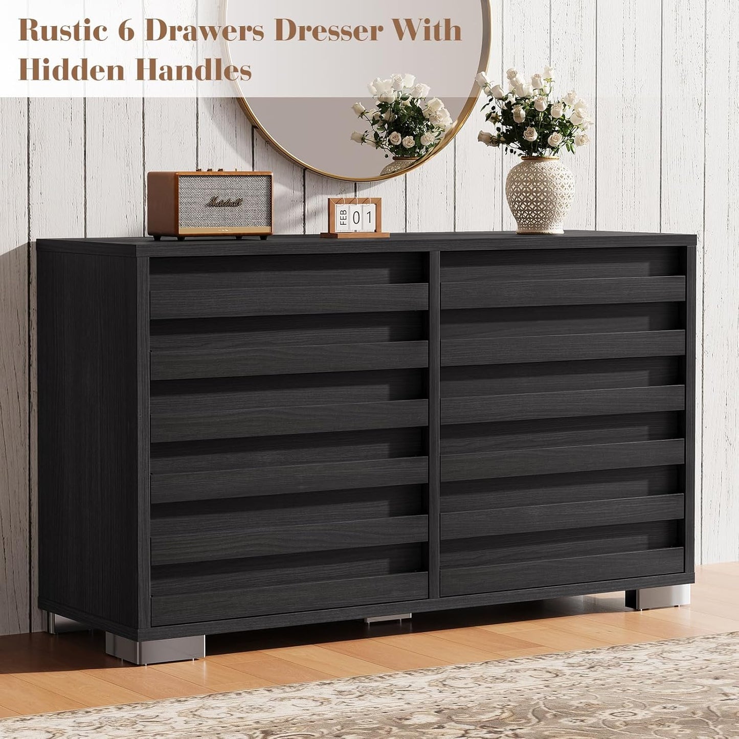 3 Pcs Bedroom Furniture Set - Includes Farmhouse 6 Drawer Dresser and Nightstand Sets of 2 with Charging Station, Slated Handles & Stainless Steel Feet, Black