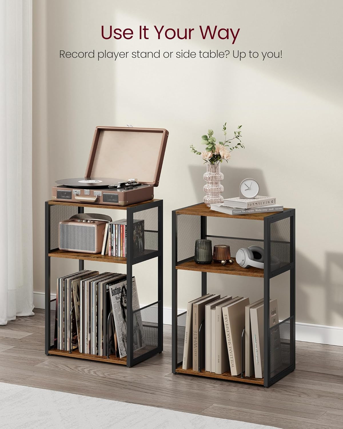 Record Player Stand, 3-Tier Side Table, Vinyl Record Storage up to 100 Albums, End Table for Living Room, Bedroom, Rustic White ULET275W01