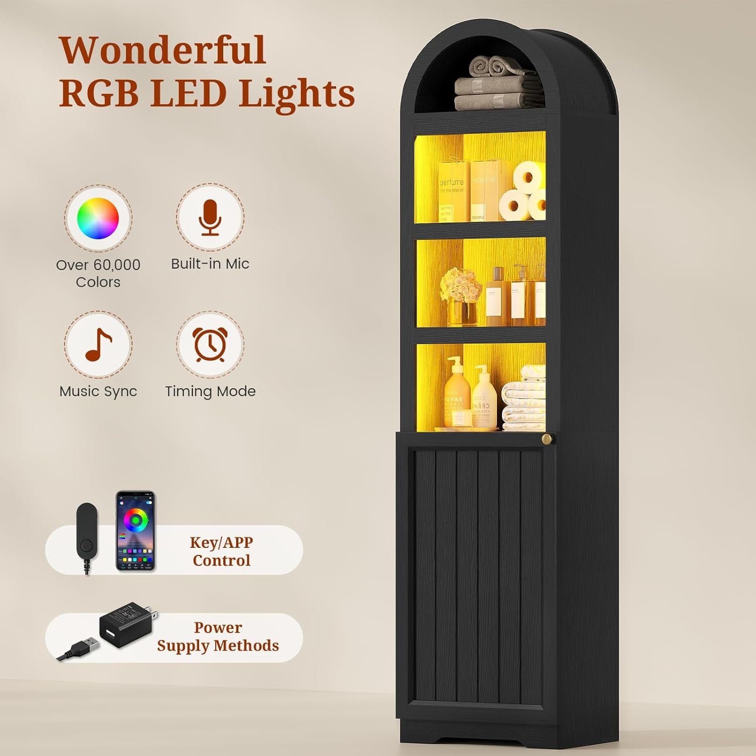 72" Tall Arched Narrow Bathroom Storage Cabinet with Lights, Slim Storage Cabinet with Adjustable Shelves for Small Spaces, Farmhouse Style (Oak)