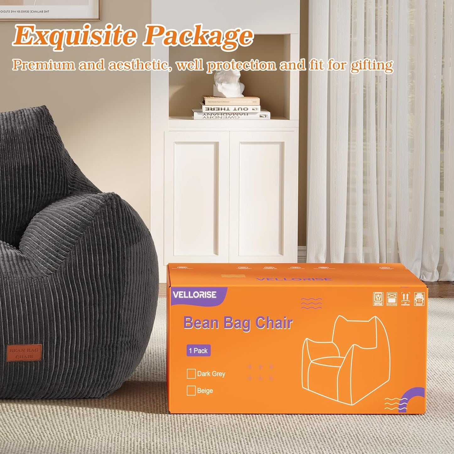 Big Bean Bag Chair for Adults & Kids, Ultra Soft Living Room Bean Bag with Armrests, Stuffed Beanbag Floor Sofa for Napping, Gaming, Lounging, Dark Gray