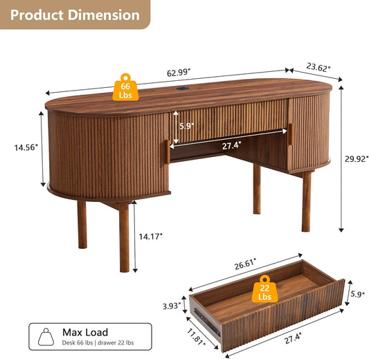 Home Office Oval Desk with Sliding Tambour Door and Drawer, Modern Fluted Wood Executive Computer Storage Desk for Study, Living Room, Bedroom, Office - Walnut