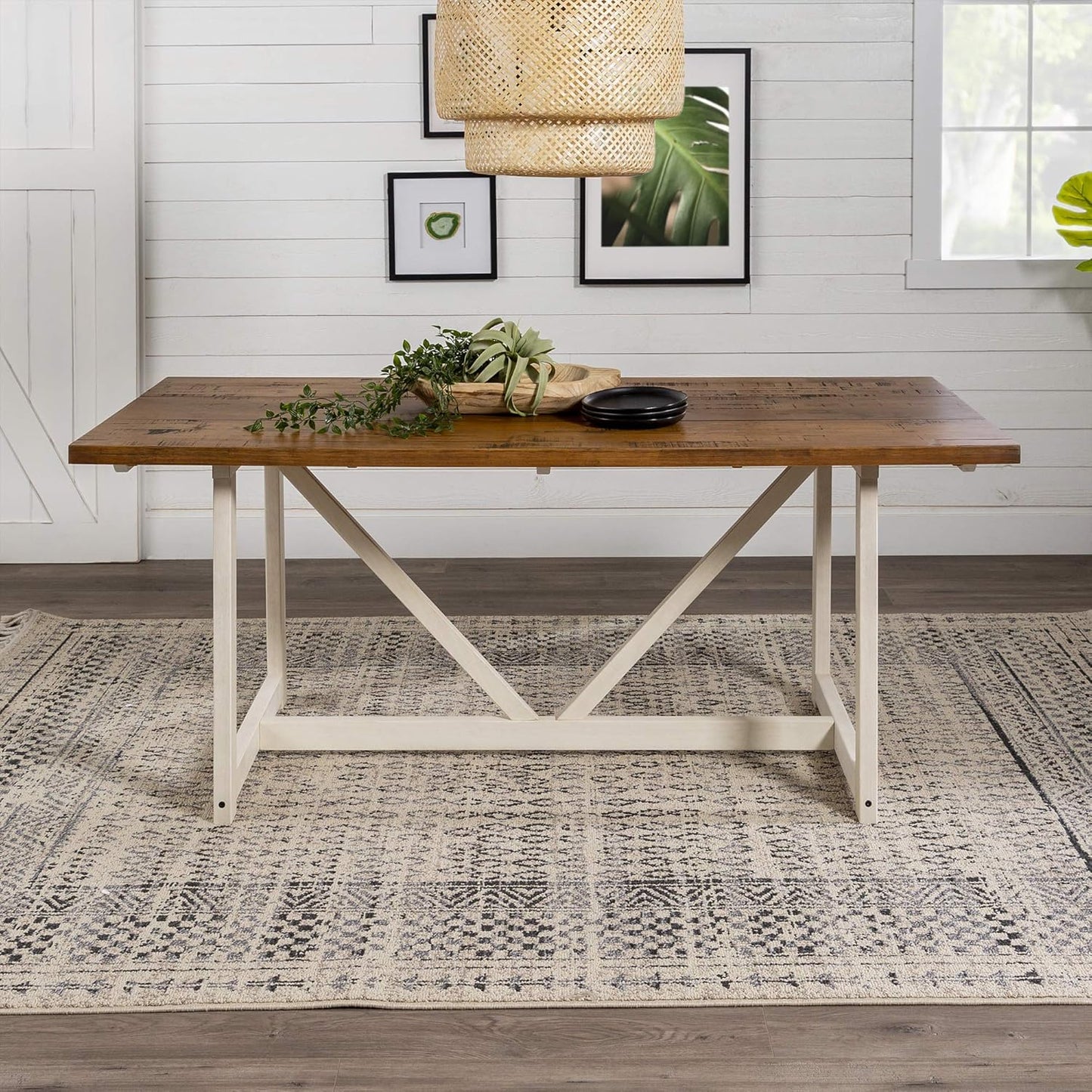 Modern Farmhouse Dining Table Wood Small Dining Room Table Sets Dining Chairs. 72 Inch. White and Rustic Oak