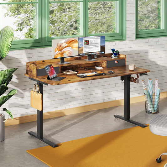 55×28 Inch Electric Standing Desk with Drawers, Computer Desk with 3 Adjustable Height, Storage Shelf, Built-In USB Outlets and Memory Preset, Sit to Stand Desk for Home Office, Rustic Brown