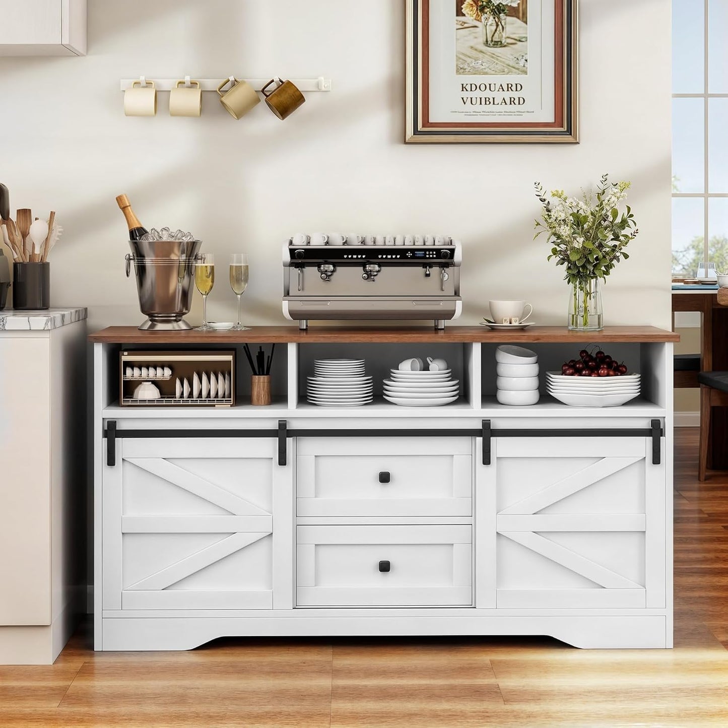 Buffet Cabinet with Drawers, 59" Large Sideboard Buffet Storage Cabinet with Shelves and Doors, Modern Farmhouse Coffee Bar Station Wood Kitchen Table for Kitchen, Dining Room, White