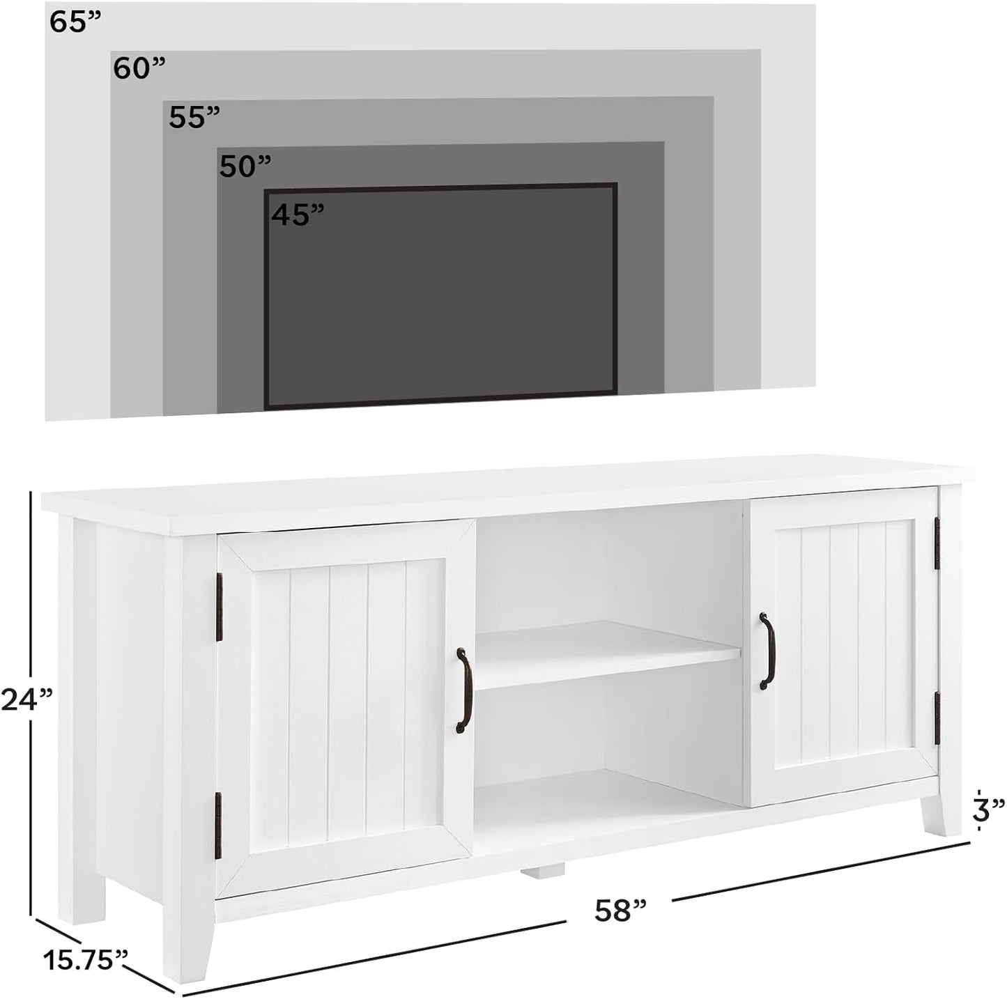 Buren Classic Grooved Door TV Stand for Tvs up to 65 Inches, 58 Inch, Solid White
