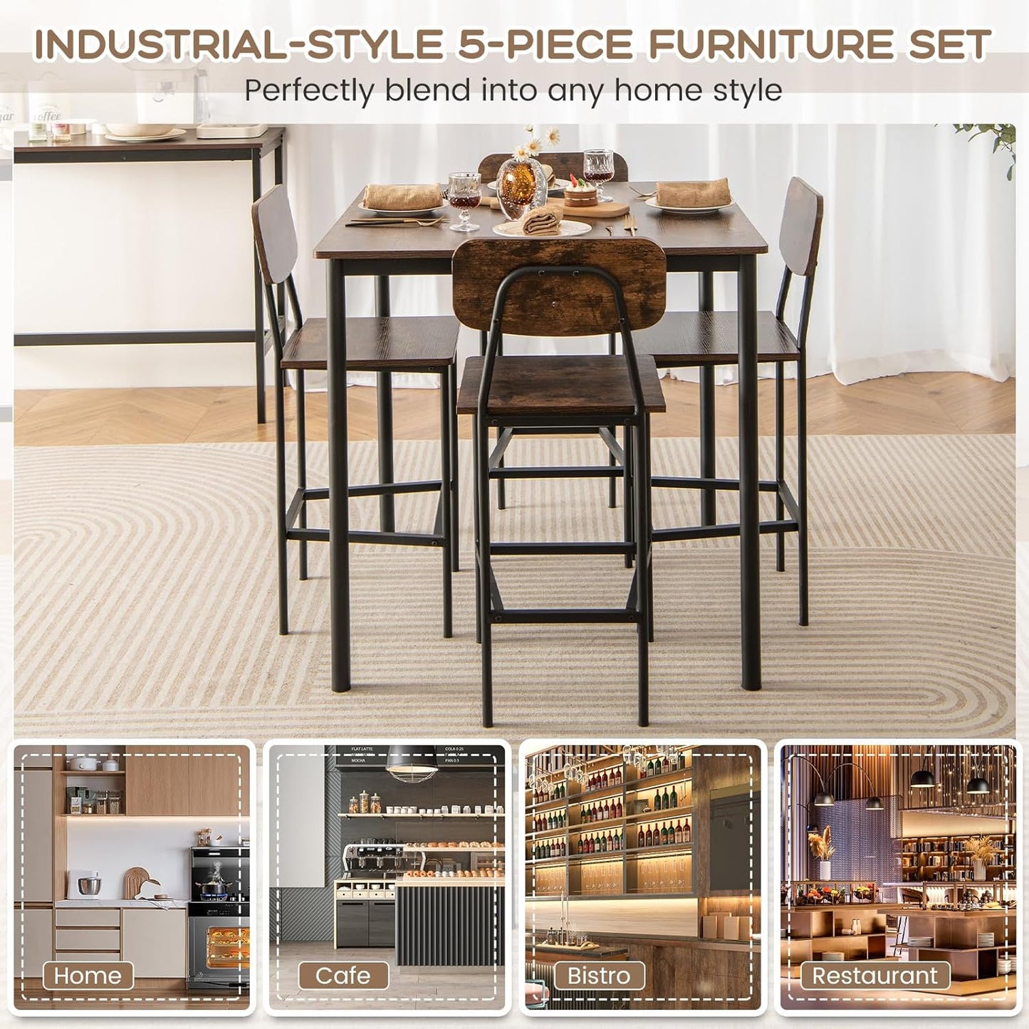 5-Piece Dining Table Set W/Counter Height Table & 4 Bar Stools, Industrial Kitchen Dining Set W/Footrest & Backrest, Space-Saving Dinette Set for Pub, Dining Room, Restaurant (Mix Brown)