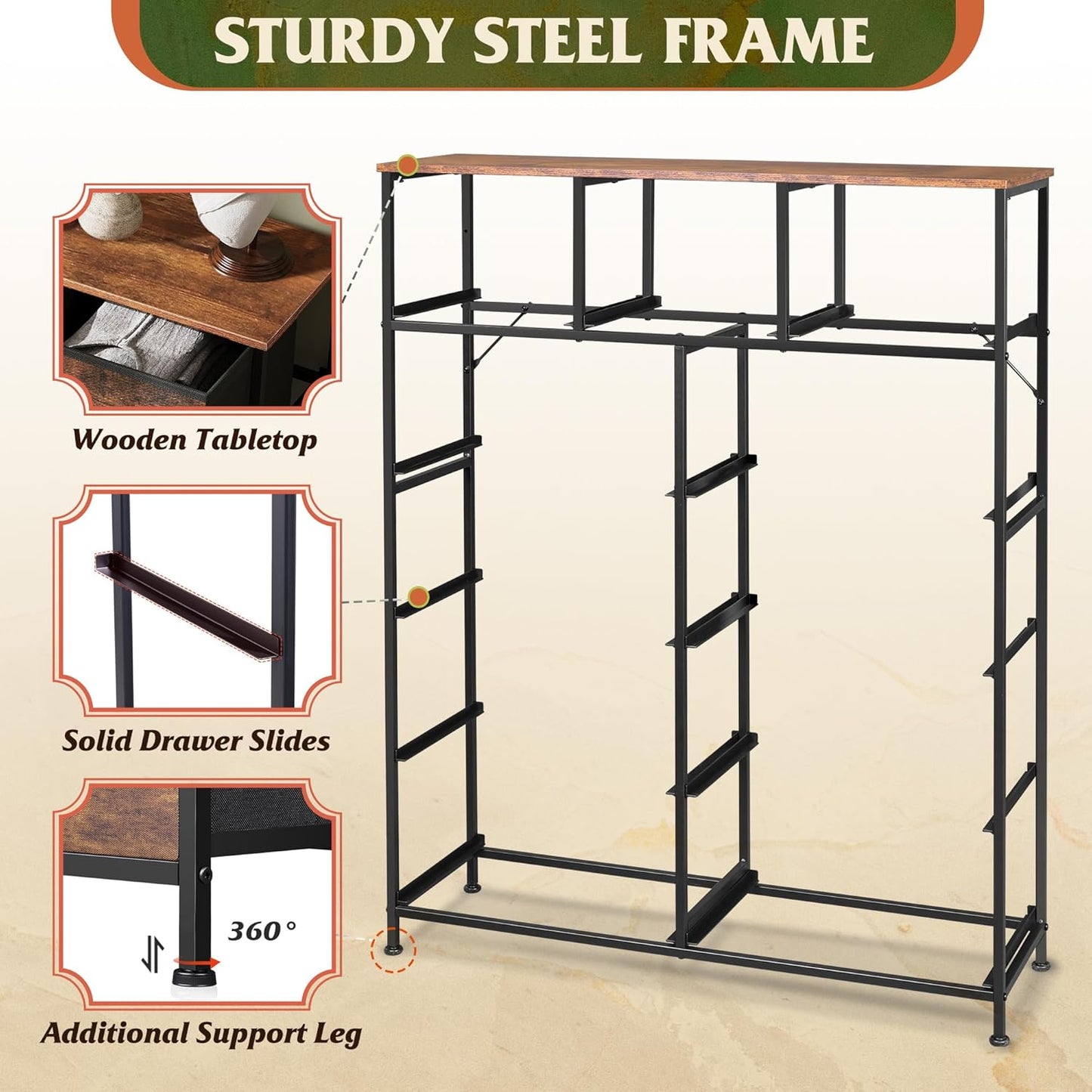 Storage Organizer Unit with 11 Fabric Bins, Storage Drawers Organizer with Steel Frame, Tall Storage Tower Organizaton for Living Room, Hallway, Office, Rustic Brown
