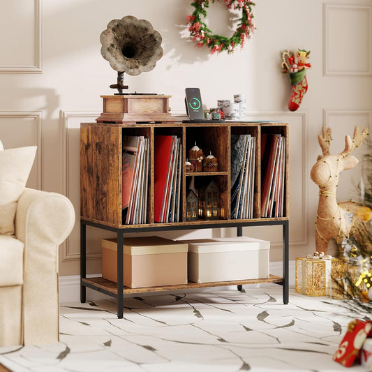 Record Player Stand with Charging Station, Turntable Stand with Storage Shelves Hold up to 150+ Albums, Record Player Table with Metal Frame, Vinyl Record Storage for Music Living Room, Brown
