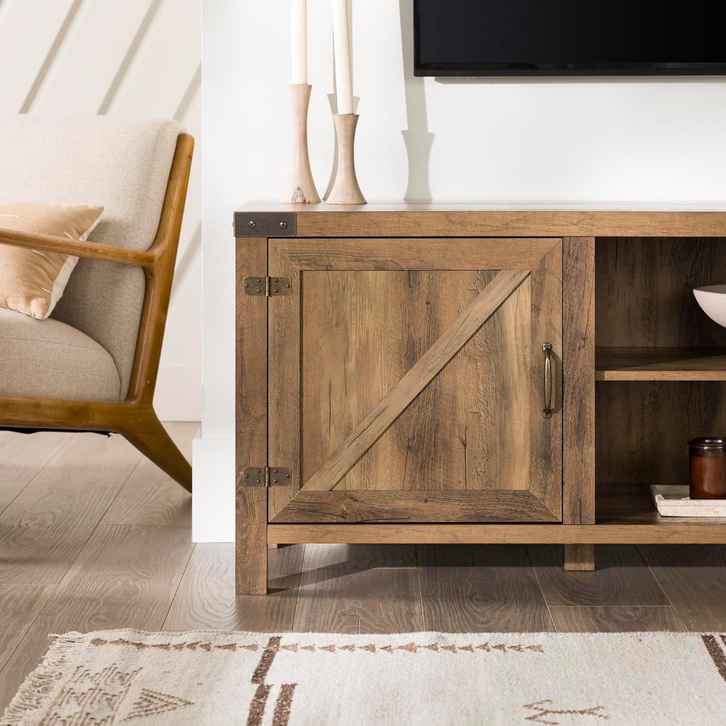 Georgetown Modern Farmhouse Double Barn Door TV Stand for Tvs up to 80 Inches, 70 Inch, Rustic Oak, without Fireplace, 15.75 X 70 X 24 Inches
