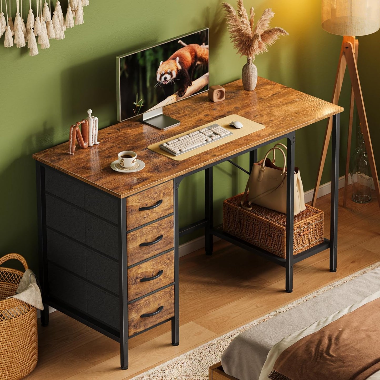 47 Inch Computer Desk with 4 Drawers, Office Desk with Mesh Shelf, Gaming Desk, Large Storage, Writing Work Desk for Home Office, Study, Bedroom, Work from Home, Rustic Brown