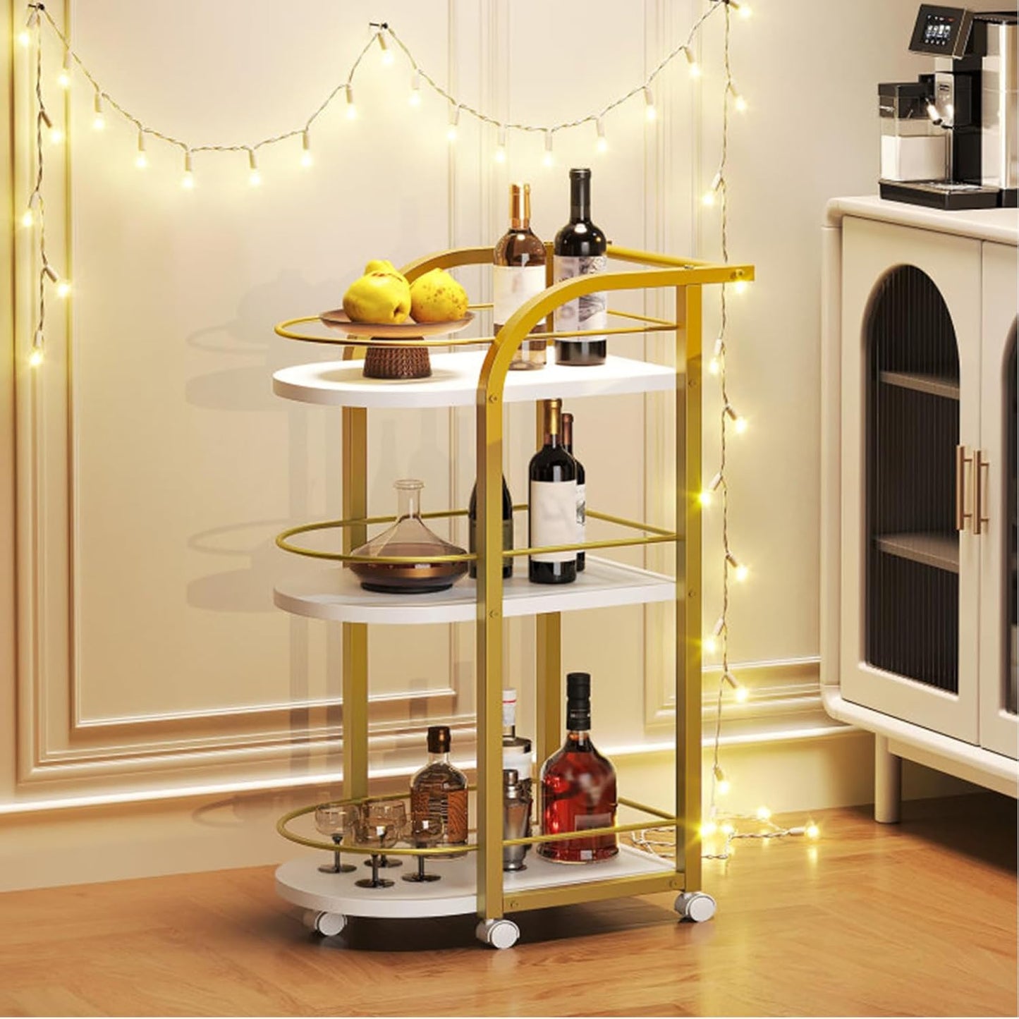 3-Tier Bar Cart, Home Bar Serving Cart with Fence and Wheels, for Dining Room, Living Room, Garden, Party, White and Gold BC06DW