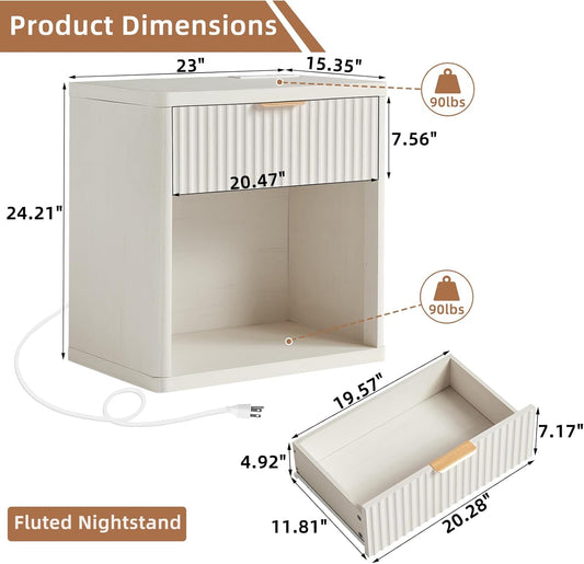 Fluted Nightstand with Charging Station, 23" Wide 1 Drawers End Table,White Night Stand with Open Storage Cabinet, Farmhouse Bed Side Tables, Wood Dresser for Bedroom, Living Room, Closet