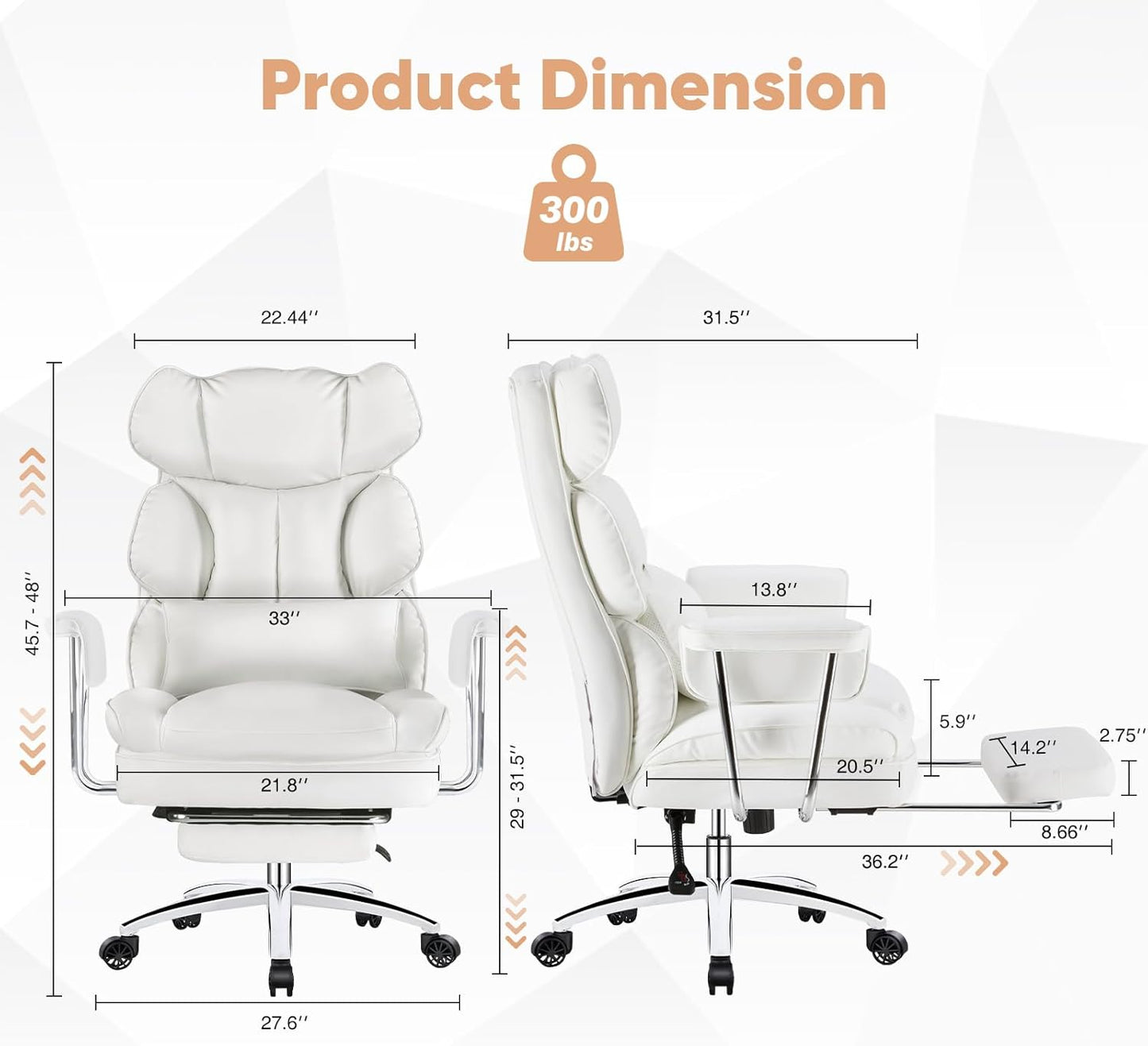 Executive Home Office Desk Chair - Ergonomic Big Tall High Back with Footrest & Lumbar Support, Reclining Height Adjustable, Comfy PU Leather Computer Gaming with Swivel Wheels, White