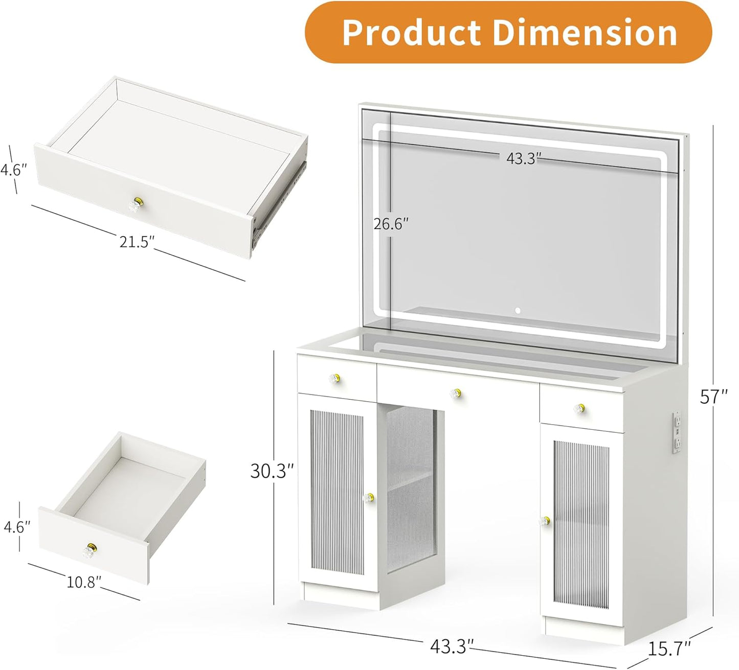 Makeup Vanity with Crystal Knobs, Glass Top Vanity Desk with Mirror and Lights, Power Outlet, Drawers and Cabinet, 3 Lighting Color Adjustable Dressing Table, Upgraded Silent Slides, White