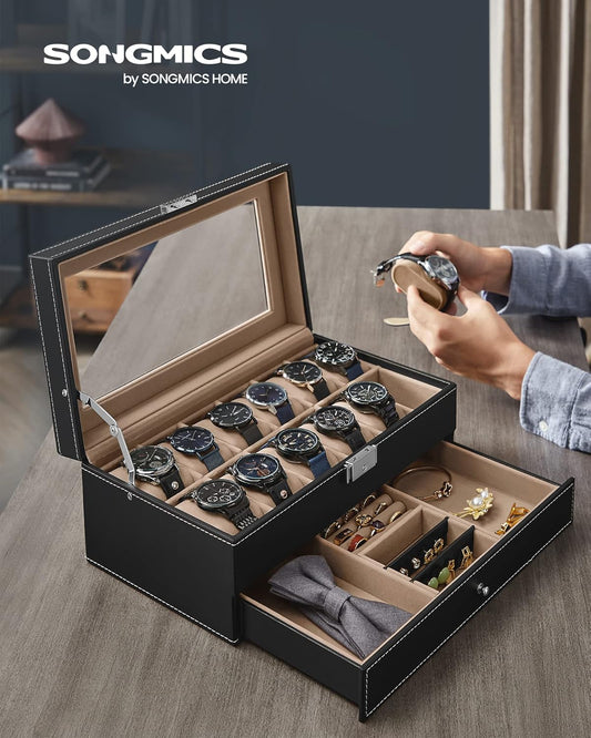 Watch Box, 12-Slot Watch Case Organizer with Large Glass Lid, 2 Layers, Removable Pillows, Metal Lock, Gift for Loved Ones, Black Synthetic Leather, Gray Lining UJWB012