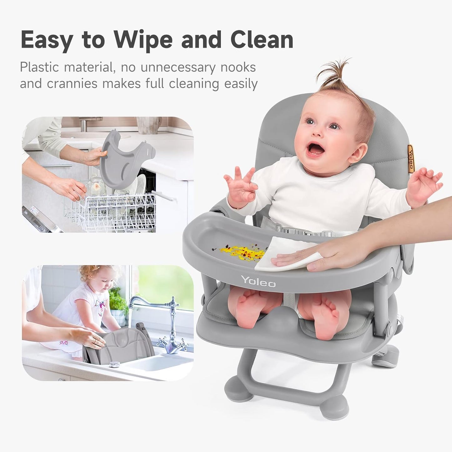 Baby High Chair Booster Seat for Dining Table, Adjustable Height Travel Foldable High Chairs with Tray
