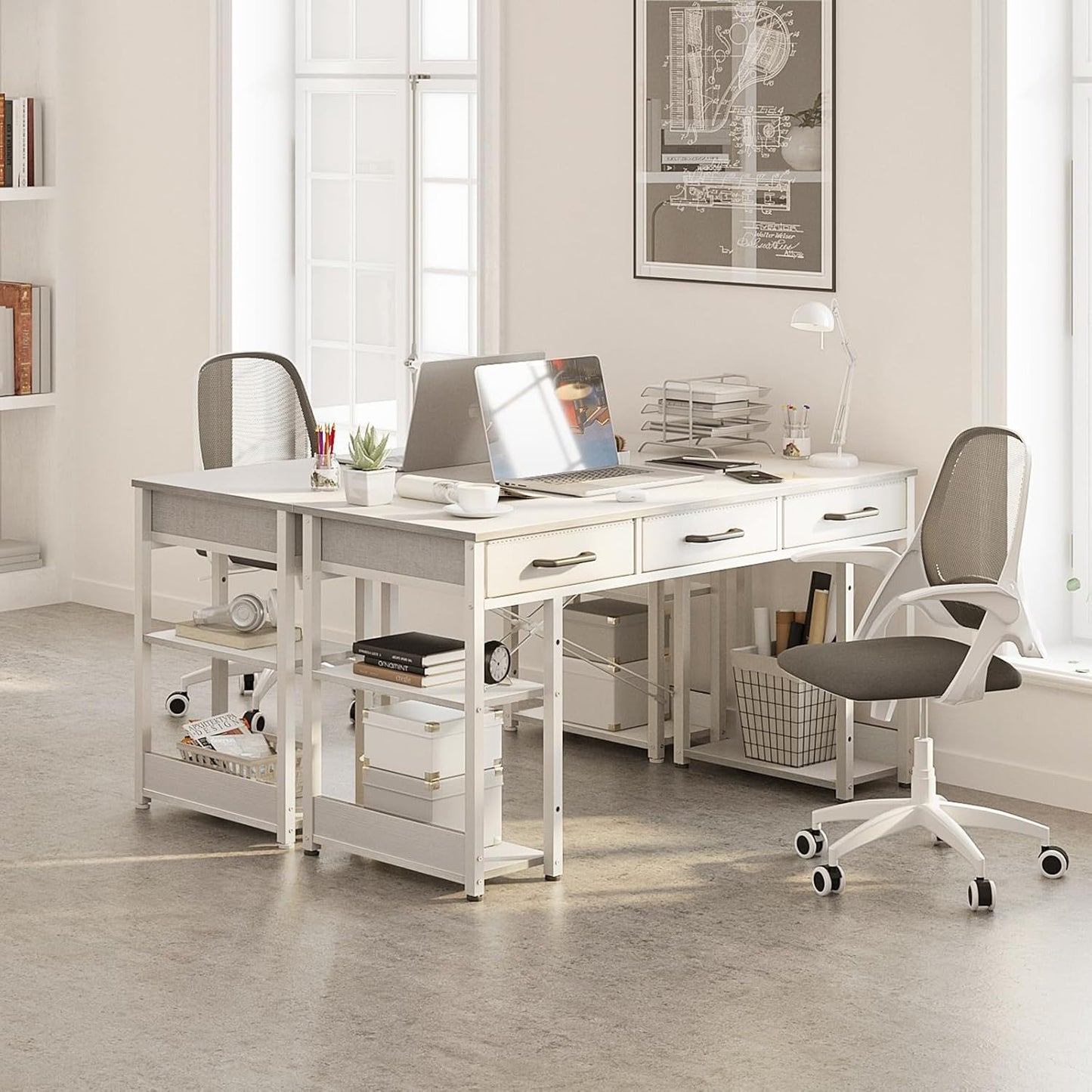 Office Small Computer Desk: Home Table with Fabric Drawers & Storage Shelves, Modern Writing Desk, White, 48"X16"