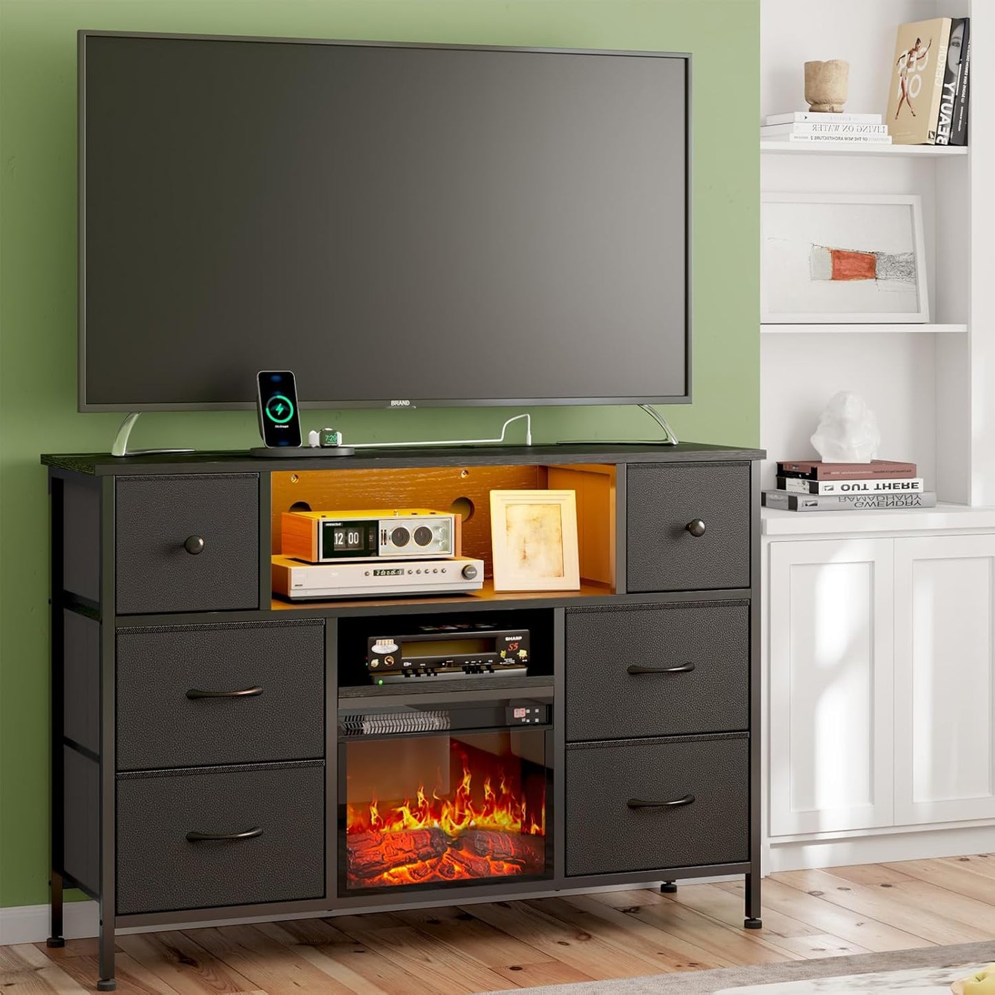 TV Stand with Fireplace, Entertainment Center with Power Outlets and LED Lights, TV Stand Dresser for 50 Inch TV, 6 Drawers with Open Shelves, for Living Room, Black