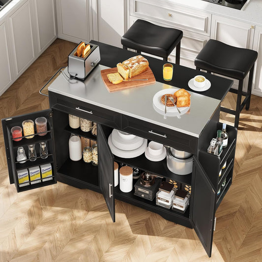 56'' Kitchen Island with Seating and Stainless Steel Countertop, Rolling Kitchen Island on Wheels with Folding Drop Leaf, Power Outlet, Spice/Towel Rack, Island Table Cart for Kitchen, Black