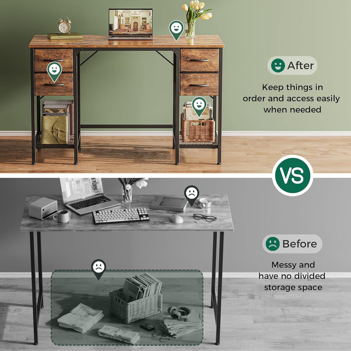 47 Inch Computer Desk with 4 Drawers, Office Desk with Mesh Shelf, Gaming Desk, Large Storage, Writing Work Desk for Home Office, Study, Bedroom, Work from Home, Rustic Brown