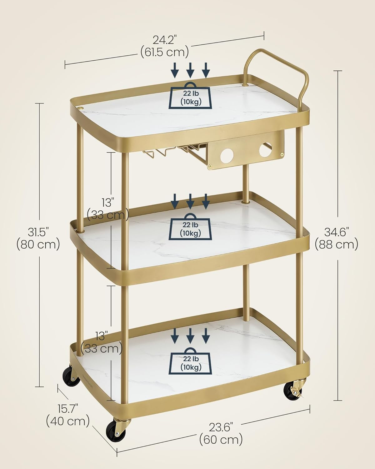 HOME Bar Cart, Home Bar Serving Cart with 3-Tier Shelf, Flexible Wine Bottle Rack and Glass Holder, Drink Beverage Cart, Microwave Cart, Kitchen, Marble White and Pale Gold ULRC291A02