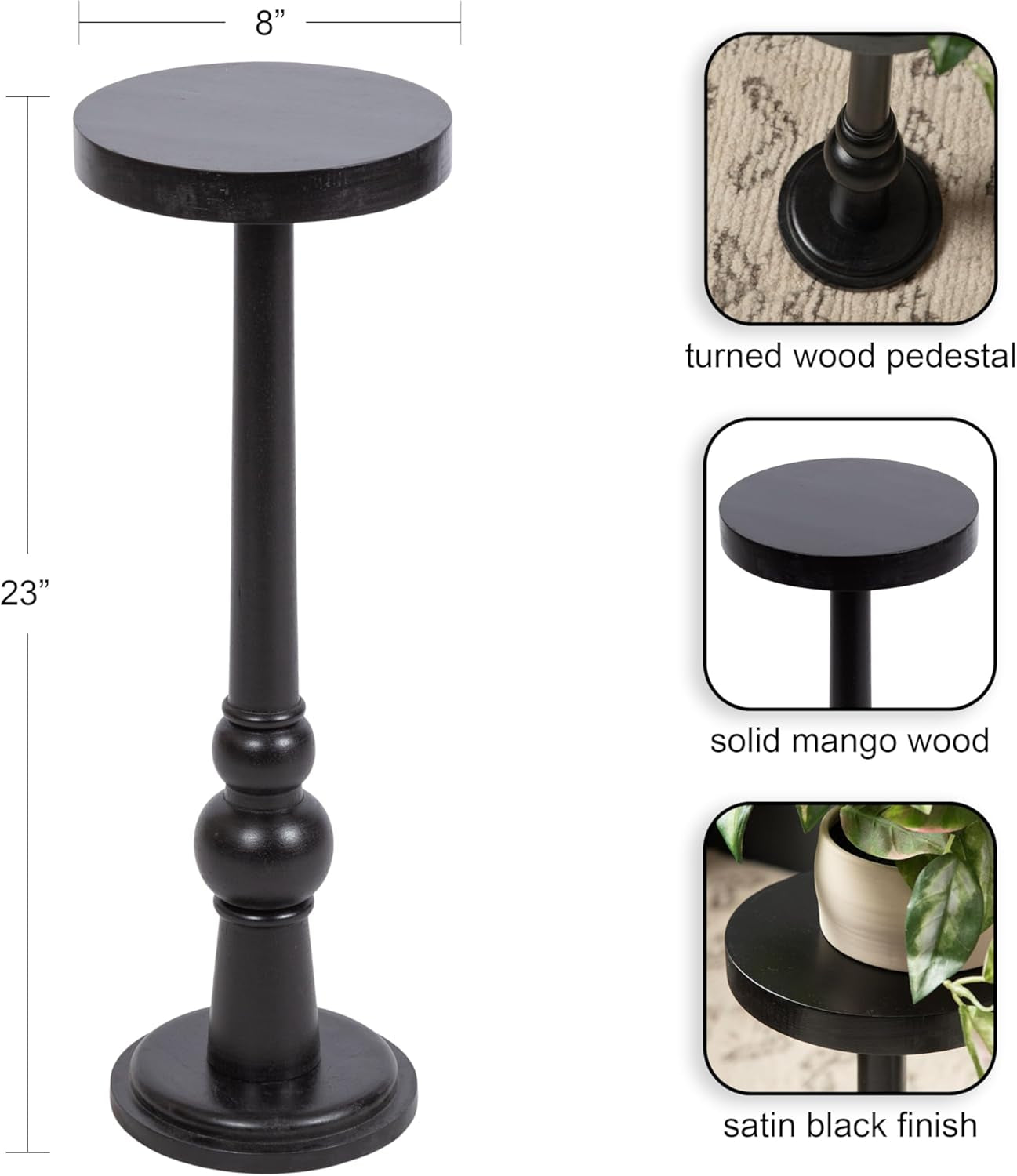 Wegner Traditional Wooden round Drink Table, 8 X 23, Black, Elegant and Durable Pedestal Table for Use as Small Drink Table, Plant Stand, or Decorative Item Display