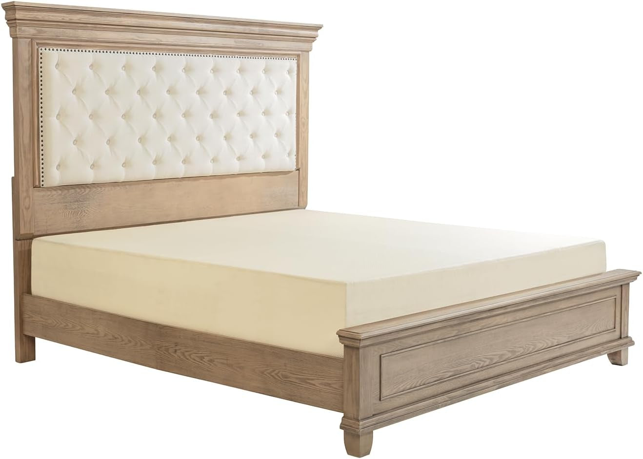 68.1" H King Size Bed Frame with Upholstered Headboard, Solid Wood Farmhouse Platform Bed, Architectural Design, No Box Spring Needed, Light Oak