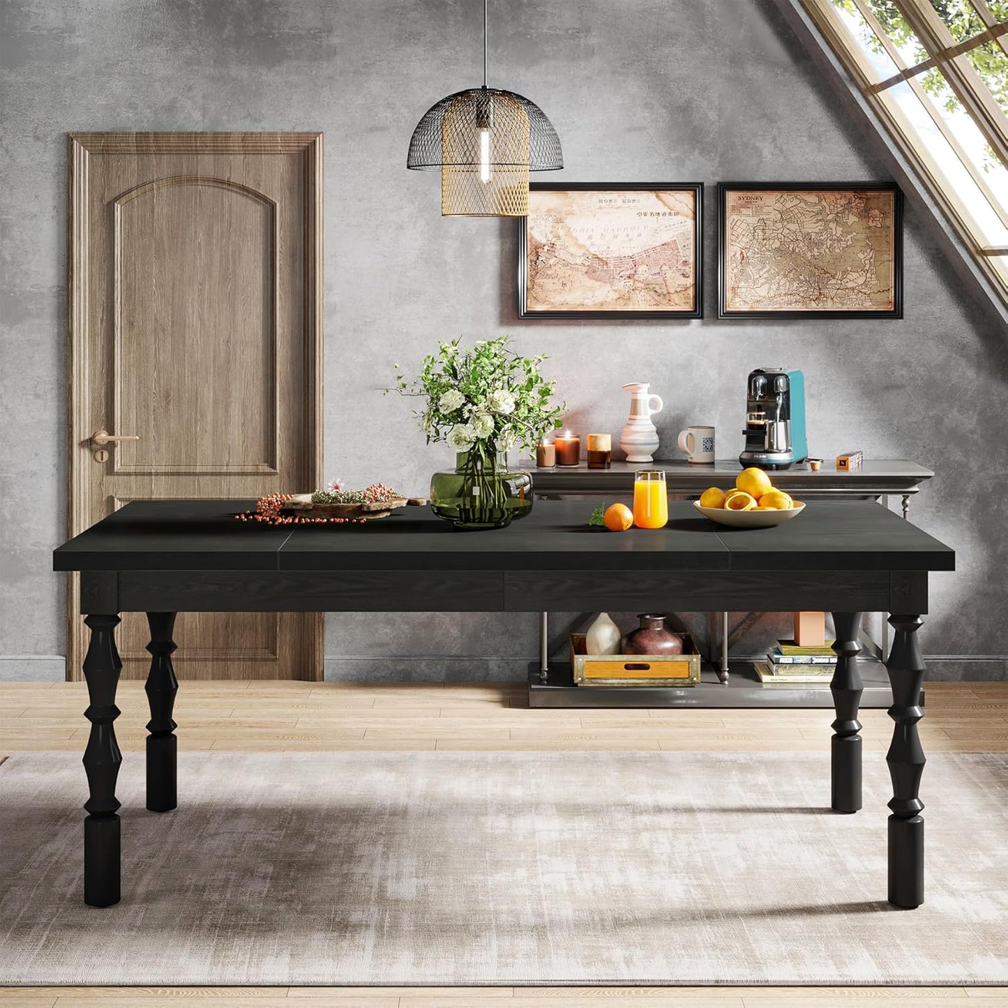 62” Wood Dining Table for 4-6 People, Farmhouse Large Rectangle Kitchen Table, Modern Dinner Table Kitchen & Dining Room Furniture with Carved Turned Legs